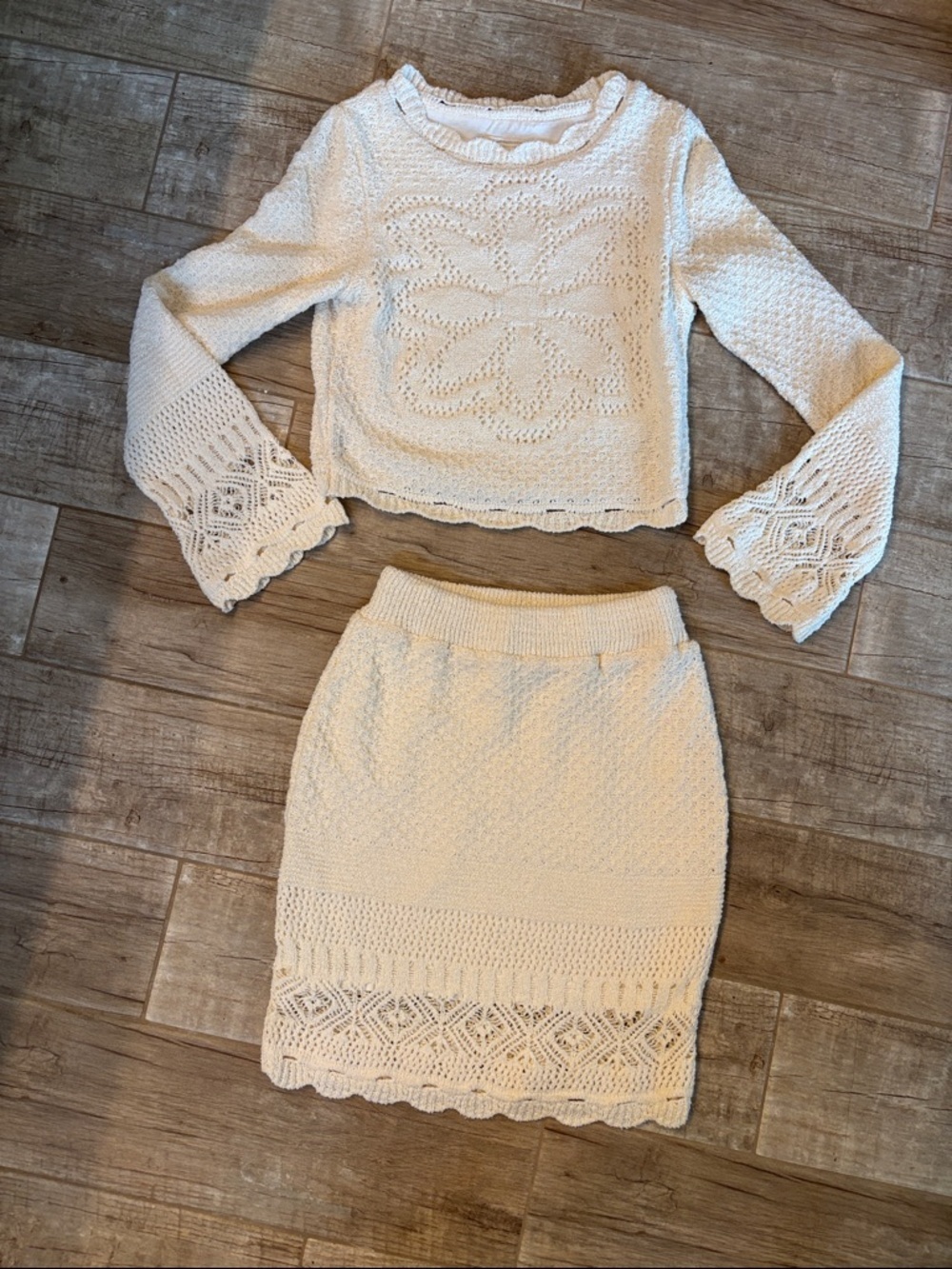 Anthropologie Cream Crochet-Detail Pencil Skirt and Matching Sweater Set